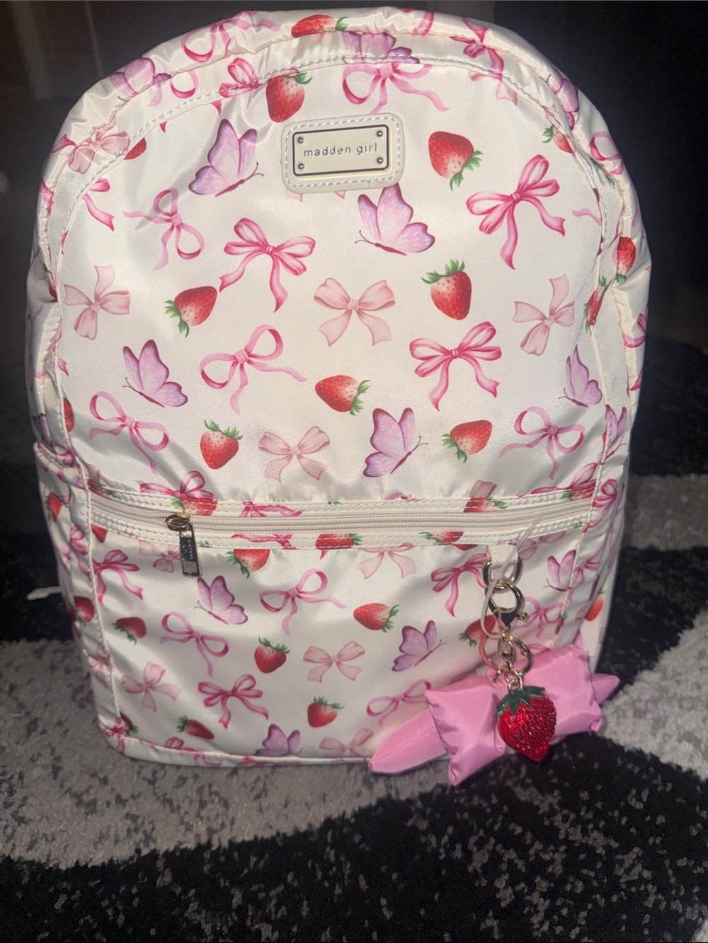 madden girl Kids Strawberry & Bow Print Mini Backpack - Pink on White